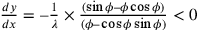 \frac{dy}{dx}=–\frac{1}{\lambda}\times\frac{(\sin\phi–\phi\cos\phi)}{(\phi–\cos\phi\sin\phi)}<0