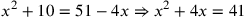 x^2+10=51-4x\Rightarrow x^2+4x=41
